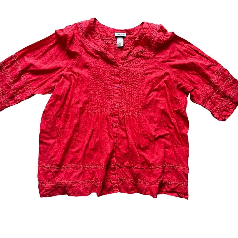 Catherines Red Cotton Pintuck Lace Trim Button Front Blouse Top 3X Plus Size